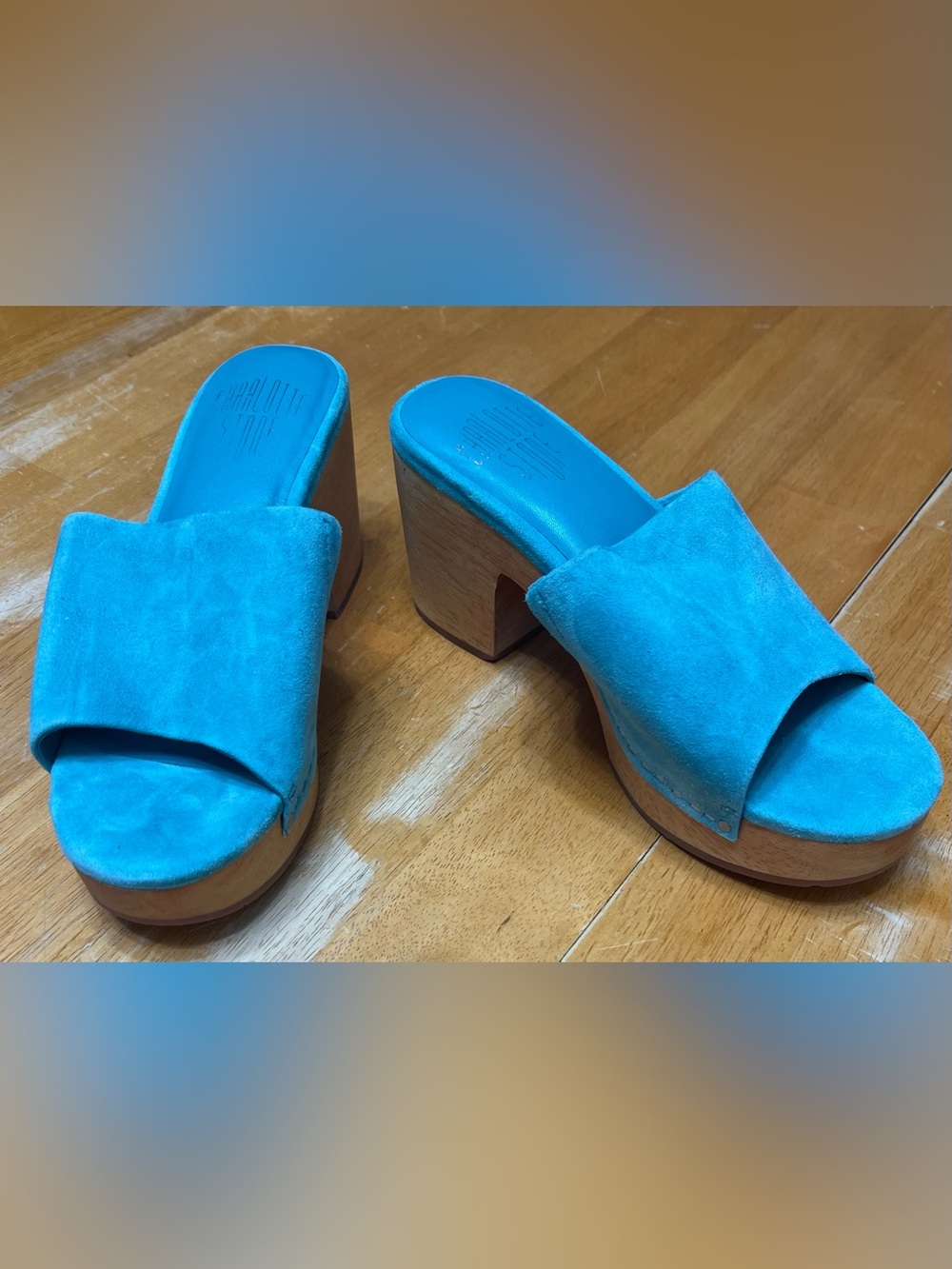 Charlotte Stone Turquoise Suede Slide Mules, Size 7.